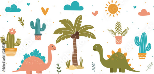 Set of cute hand draw dinosaurs, cacti, palm trees, and sun in tropical jungle. Kids' pattern illustration. Childrens cute animals background