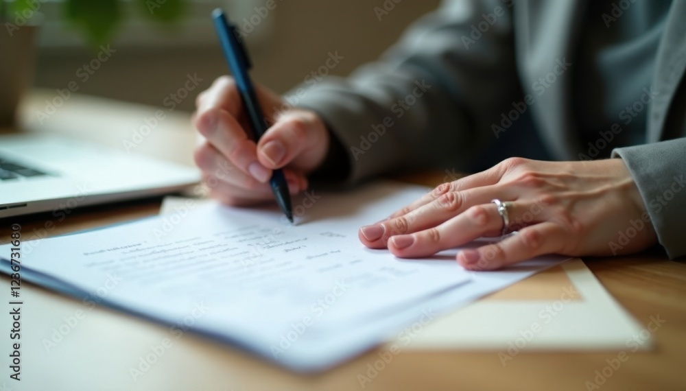 Female hands diligently working on a document, computer, clean Female hands diligently working on a document, computer, clean