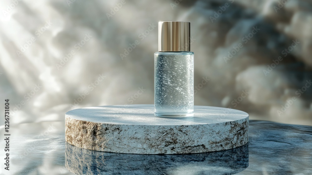 Clear cosmetic bottle on a stone podium, soft light, blurred background Clear cosmetic bottle on a stone podium, soft light, blurred background