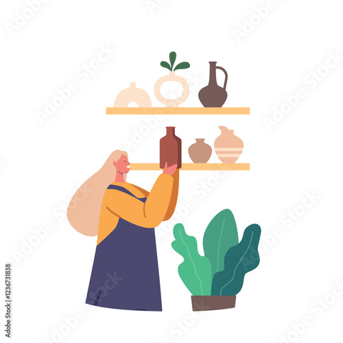 Woman Arranging Handmade Pottery On A Shelf, Showcasing Her Artistic Talent And Adding A Touch Of Craftsmanship