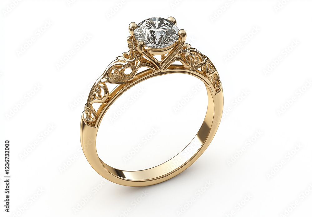 3D model of a yellow gold ring with a clear diamond, filigree design, and a white background 3D model of a yellow gold ring with a clear diamond, filigree design, and a white background