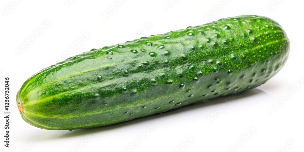 A vibrant green cucumber lies on a clear surface, showcasing its curved shape and bumpy texture. Ideal for salads, this vegetable adds freshness to many dishes A vibrant green cucumber lies on a clear surface, showcasing its curved shape and bumpy texture. Ideal for salads, this vegetable adds freshness to many dishes