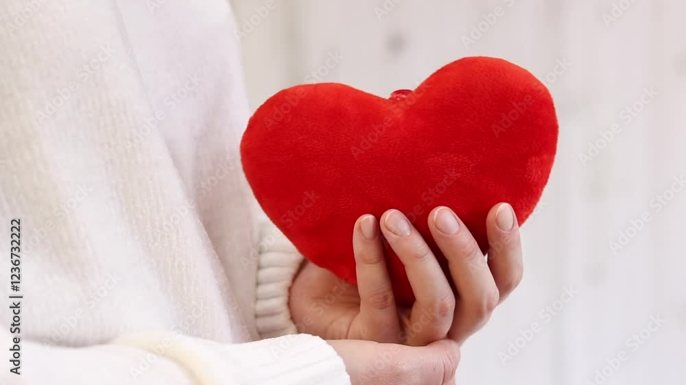 Toy heart in girl's hands. Plush soft heart in woman's hands, close-up. Valentine's Day gift, symbol of love. Emotions and state of mind. Heart as a symbol of love. Toy red soft heart Toy heart in girl's hands. Plush soft heart in woman's hands, close-up. Valentine's Day gift, symbol of love. Emotions and state of mind. Heart as a symbol of love. Toy red soft heart