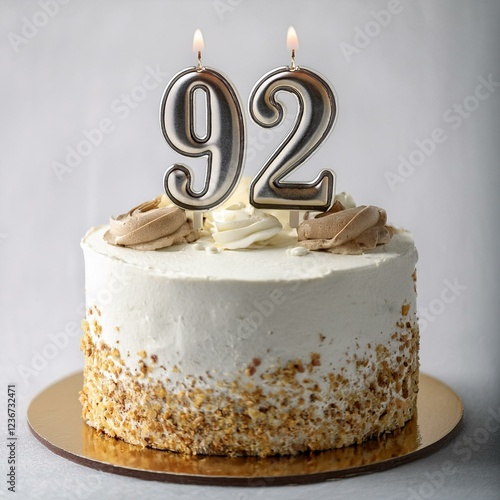 Decorated white cake for birthday or anniversary party, candle number 92, white background photo