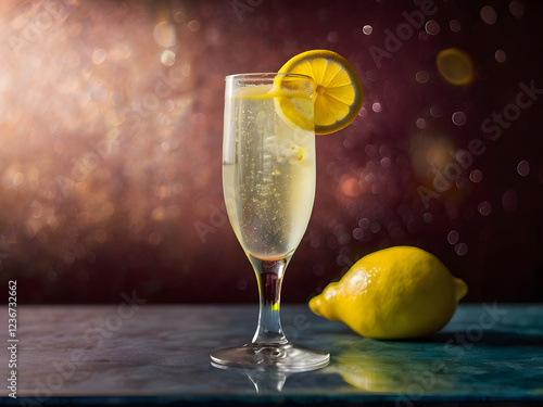 French 75: A refreshing gin and tonic garnished with a lemon wedge, perfect for a relaxing evening at the bar.