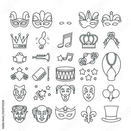  Mardi Gras vector icons featuring masks, beads, fleur-de-lis, and festive elements. Perfect for party invitations, decorations, and digital designs. High-quality and scalable