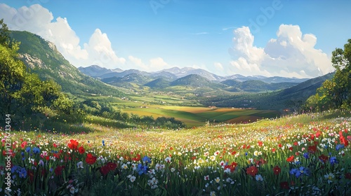A breathtaking panoramic landscape view showcasing a vibrant field of wildflowers in an array of colors, set against rolling green hills and distant mountains under a bright blue sky dotted with fluff