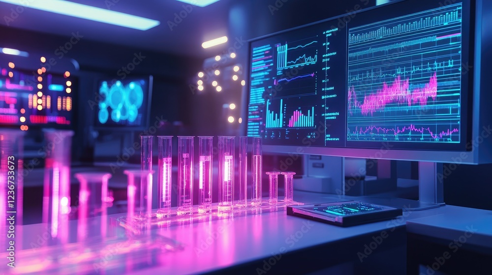 Medical research lab with glowing test tubes and digital charts Medical research lab with glowing test tubes and digital charts