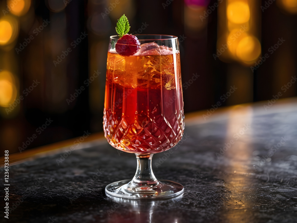 Kir Royale, a refreshing cocktail garnished with a fresh raspberry and mint sprig, served in an elegant crystal glass on a dark bar top. Kir Royale, a refreshing cocktail garnished with a fresh raspberry and mint sprig, served in an elegant crystal glass on a dark bar top.