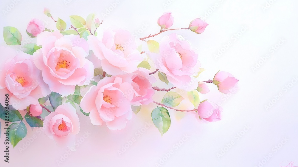 Fototapeta premium Magnolia Blossom Watercolor Design, a charming hand-painted floral illustration ideal for enhancing invitations, cards, and stationery with a touch of elegance and beauty