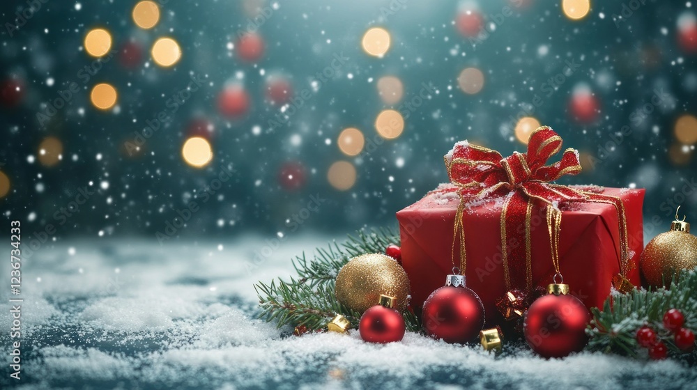 festive Christmas scene with red gift box adorned with golden ribbon, surrounded by red and gold baubles and evergreen branches, set against snowy background with twinkling lights festive Christmas scene with red gift box adorned with golden ribbon, surrounded by red and gold baubles and evergreen branches, set against snowy background with twinkling lights