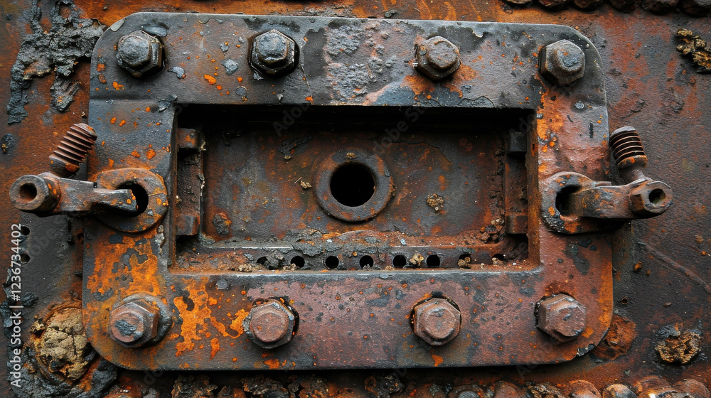Rusty metal plate with bolts and central hole, showcasing weathered texture and industrial design Rusty metal plate with bolts and central hole, showcasing weathered texture and industrial design