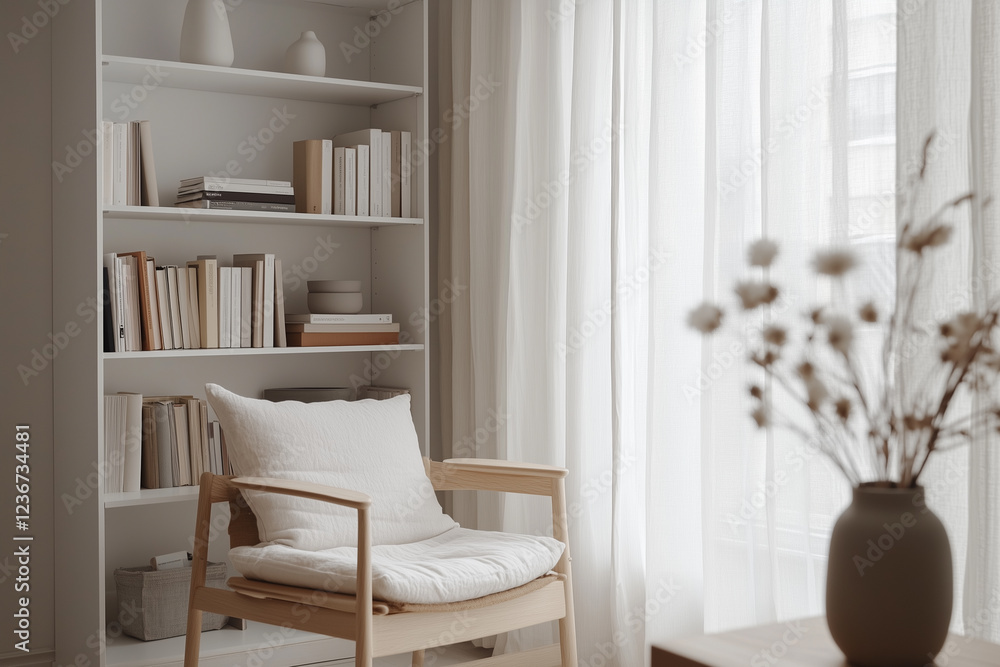 a minimal reading nook featuring Zen-inspired decor elements like smooth stones or bamboo accents alongside the chair and bookshelf for added tranquility. a minimal reading nook featuring Zen-inspired decor elements like smooth stones or bamboo accents alongside the chair and bookshelf for added tranquility.