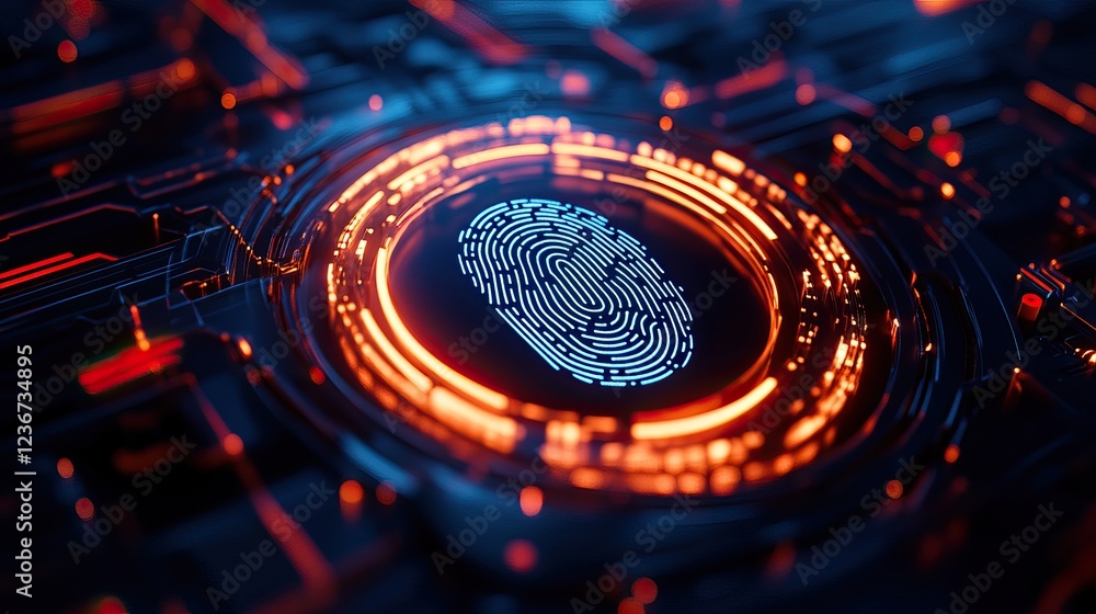 A digital fingerprint is displayed in a futuristic design, surrounded by glowing circuitry, symbolizing technology and security. A digital fingerprint is displayed in a futuristic design, surrounded by glowing circuitry, symbolizing technology and security.