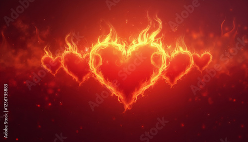 a red hearts burning with fire on a dark background with flames, an abstract dark backdrop for the Valentine's Day celebration
