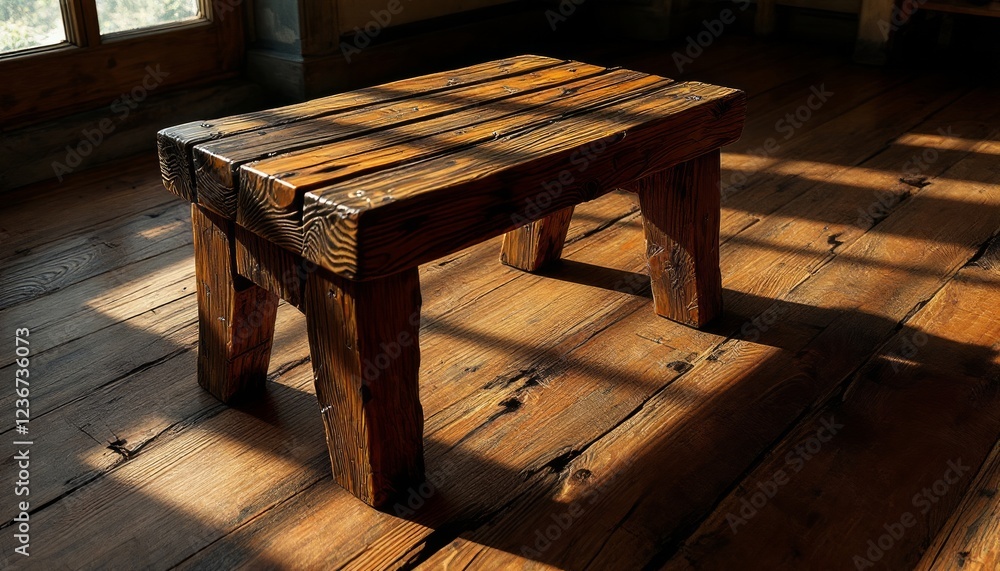 Rustic Wooden Stool in Sunlit Room: A Study in Warm Tones and Texture Rustic Wooden Stool in Sunlit Room: A Study in Warm Tones and Texture