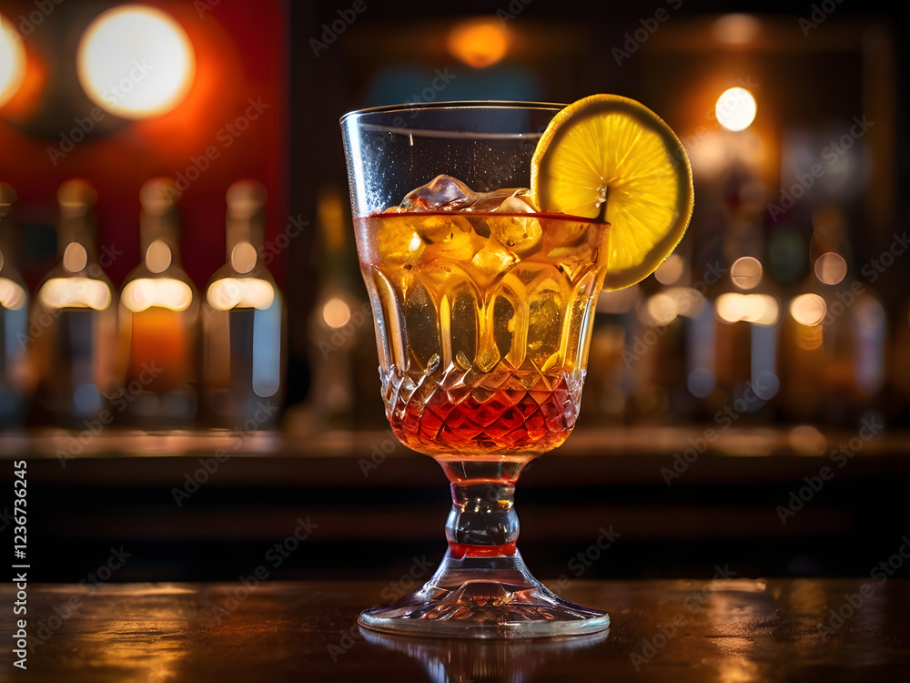 Classic Martinez Cocktail with Lemon Garnish: An amber cocktail with ice and a lemon slice, served in a stemmed glass on a wooden bar, with a softly lit background. Classic Martinez Cocktail with Lemon Garnish: An amber cocktail with ice and a lemon slice, served in a stemmed glass on a wooden bar, with a softly lit background.