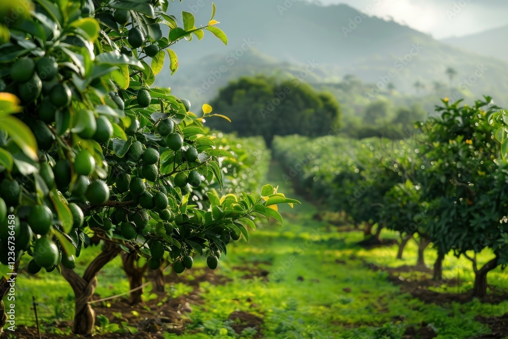 Fototapeta premium Rows of lime trees growing in an orchard with a lush green landscape