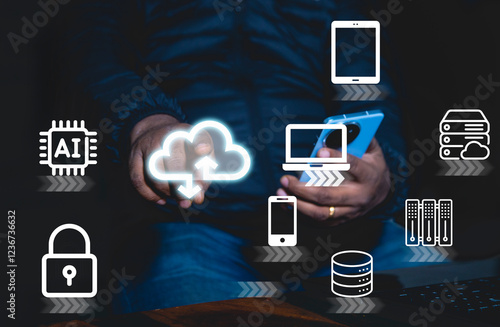 solution big data technology cloud data storage, backup service on the internet network. concept of a business digital server. information system security. application platform connect technology