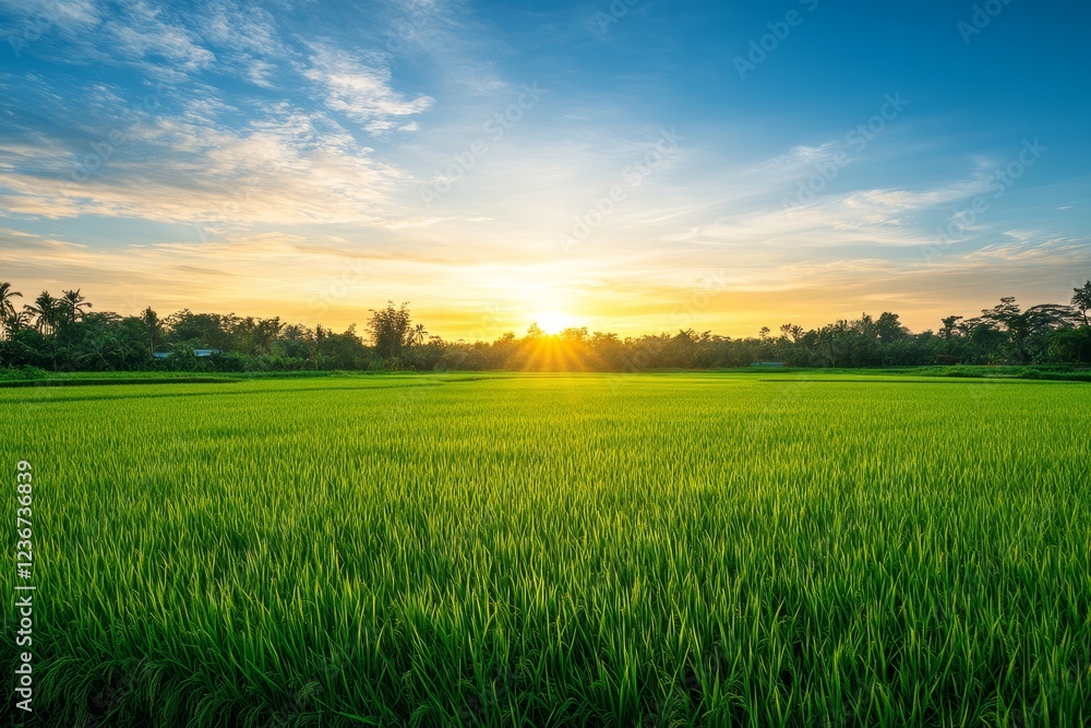 Vibrant sunset over lush green rice paddy field. (1) Vibrant sunset over lush green rice paddy field. (1)