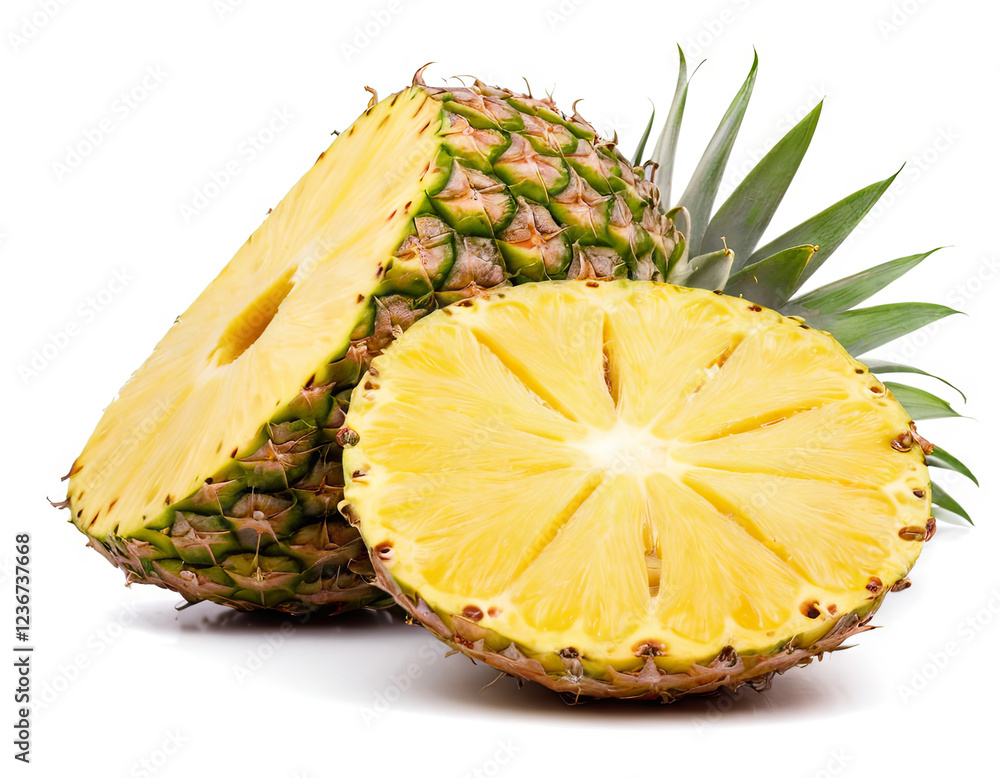 A whole pineapple rests alongside a sliced piece exposing its juicy, bright yellow interior. The green spiky crown adds freshness, emphasizing its tropical nature A whole pineapple rests alongside a sliced piece exposing its juicy, bright yellow interior. The green spiky crown adds freshness, emphasizing its tropical nature