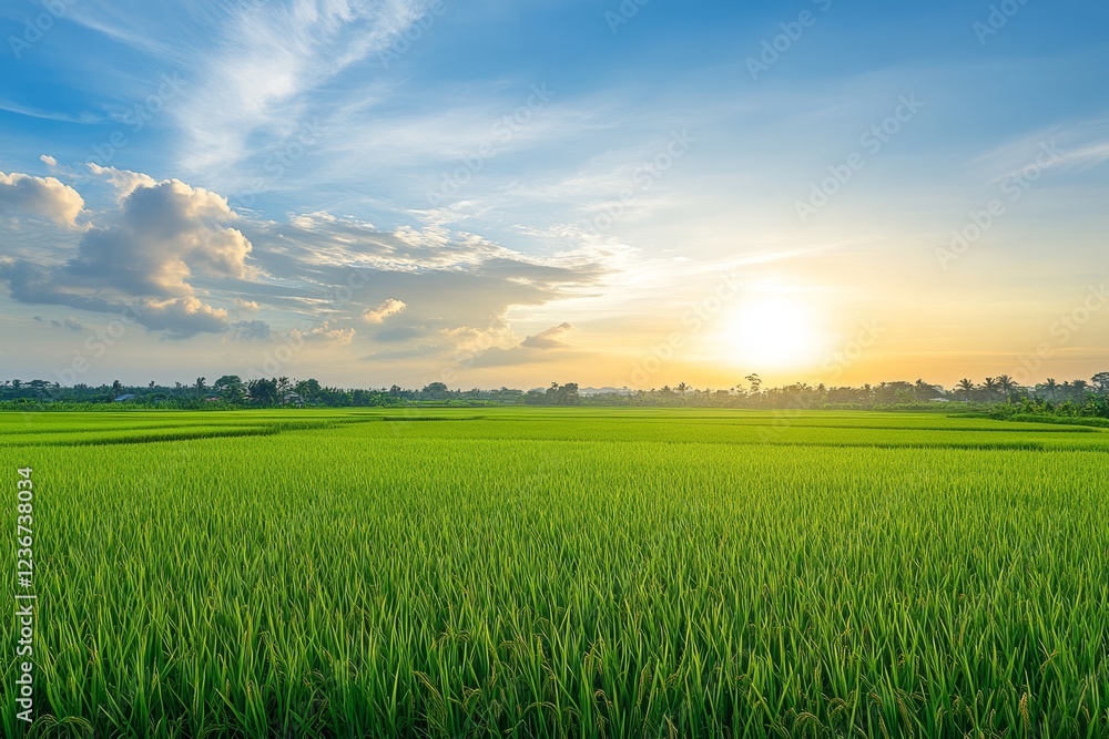 Vibrant sunset over a vast, lush green rice paddy field. Vibrant sunset over a vast, lush green rice paddy field.
