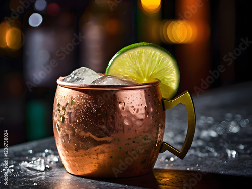 Copper Moscow Mule: A classic copper Moscow mule mug filled with ice and a refreshing lime wedge.  The drink is expertly crafted, with a blurred background showcasing a bustling bar setting.