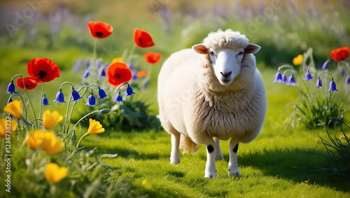 A fluffy white sheep standing in a field of green grass and wildflowers. Generative AI photo