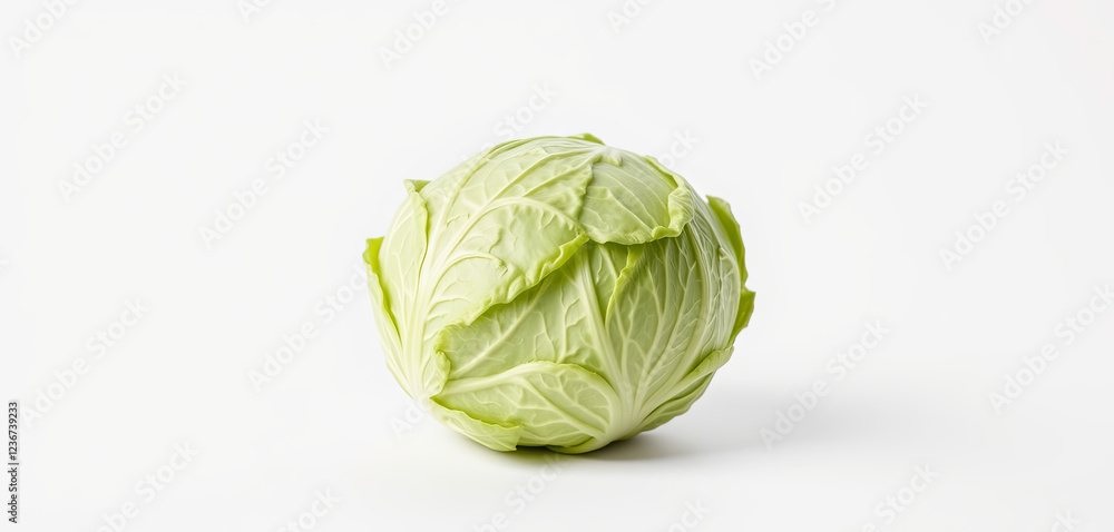 Fototapeta premium A whole, fresh green cabbage sits on a clean, white surface. Its tightly packed leaves exhibit a crisp texture and vibrant color, emphasizing its freshness and quality