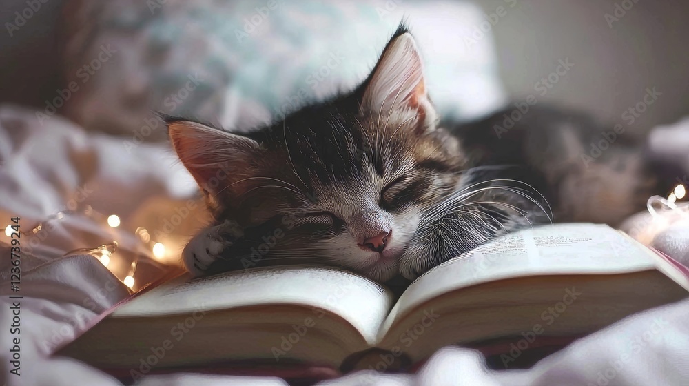 Cozy Kitten Sleeping on Open Book Home Setting Pet Photography Warm Environment Close-Up View Relaxation Concept Cozy Kitten Sleeping on Open Book Home Setting Pet Photography Warm Environment Close-Up View Relaxation Concept