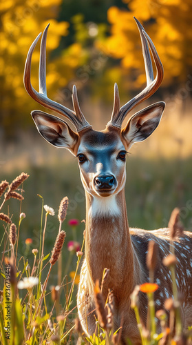Warm autumn colors, tight close-up shot, graceful deer with elegant antlers in sunlit meadow, soft speckled coat, large dark eyes, tall grass, wildflowers, autumnal trees, detailed focus, earth