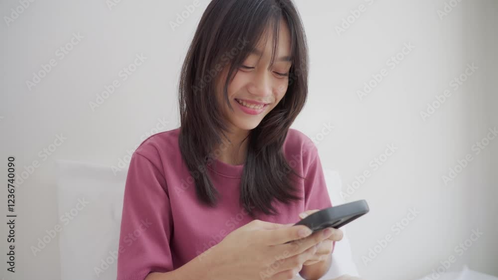 Asian young woman chatting online on smartphone in bedroom at home. Teenager girl using mobile phone shopping on website, enjoy scrolling on social media while sit on bed in the morning. Asian young woman chatting online on smartphone in bedroom at home. Teenager girl using mobile phone shopping on website, enjoy scrolling on social media while sit on bed in the morning.