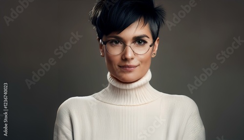 Fotorealistisches Studio-Portrait einer schönen 18-jährigen Frau mit kurzem schwarzem Haar.