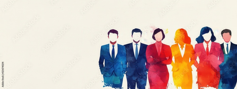 Obraz premium A colorful watercolor illustration of six diverse business professionals standing together in formal attire against a light background.