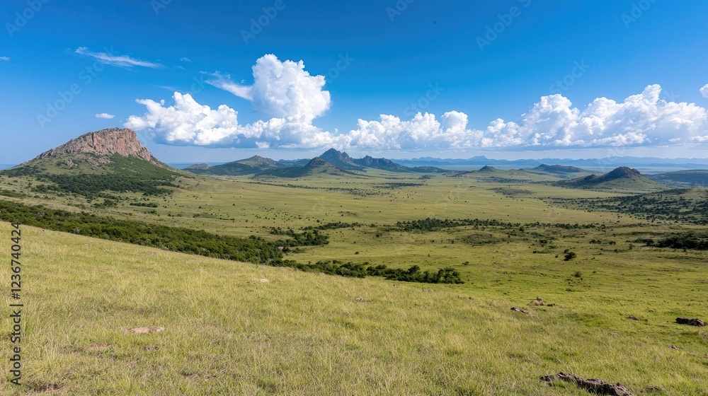 African savanna landscape, hills, sunny day, clouds. Ideal for travel brochures African savanna landscape, hills, sunny day, clouds. Ideal for travel brochures