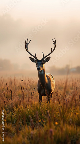 Thick foggy surroundings, warm autumn colors, graceful deer with elegant antlers in sunlit meadow, earthy and cozy, low visibility, thick fog, tall grass, wildflowers, autumnal trees