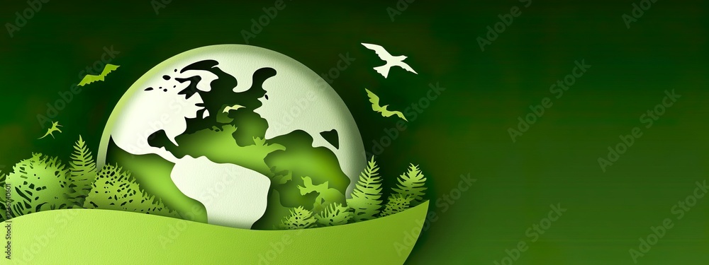 Paper-Cut Art Depicting Earth with Wildlife Green Forest Environmental Awareness Paper-Cut Art Depicting Earth with Wildlife Green Forest Environmental Awareness