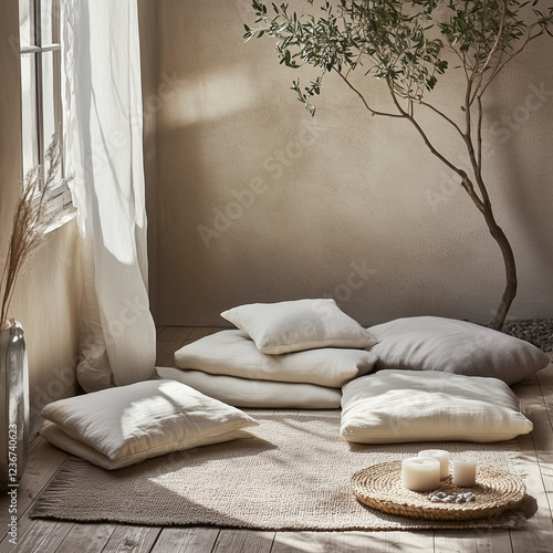 a tranquil meditation corner featuring a soft mat, cushions, and candles, surrounded by indoor plants to create a calming atmosphere.