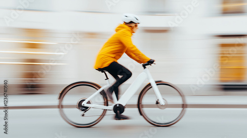 Woman riding an electric bike in the city wearing a yellow jacket and helmet, showcasing urban mobility, eco-friendly transportation, and the dynamic energy of modern commuting photo