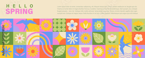 Hello spring geometric banner with elements of season, flowers,leaves, birds and place for text. Trendy template for spring season poster, flyer, web, social media,greeting, invitations. Vector