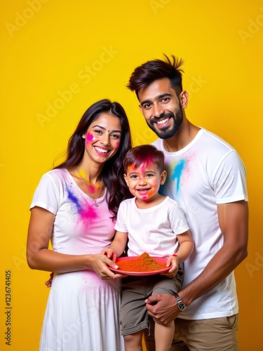 An Indian family—young couple, grandfather, and grandmother—dressed in white, joyfully celebrating the Holi festival together. A beautiful moment of togetherness, love, and cultural tradition.
