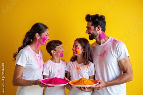 An Indian family—young couple, grandfather, and grandmother—dressed in white, joyfully celebrating the Holi festival together. A beautiful moment of togetherness, love, and cultural tradition.