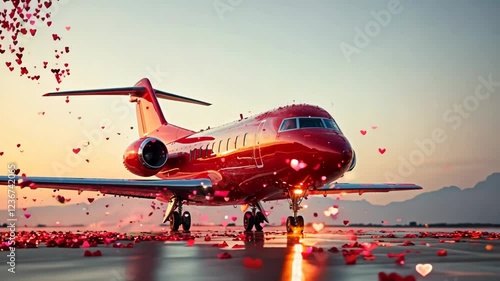 Festive red private jet with heart decorations for Valentine day parking and waiting on the runway, zoom out