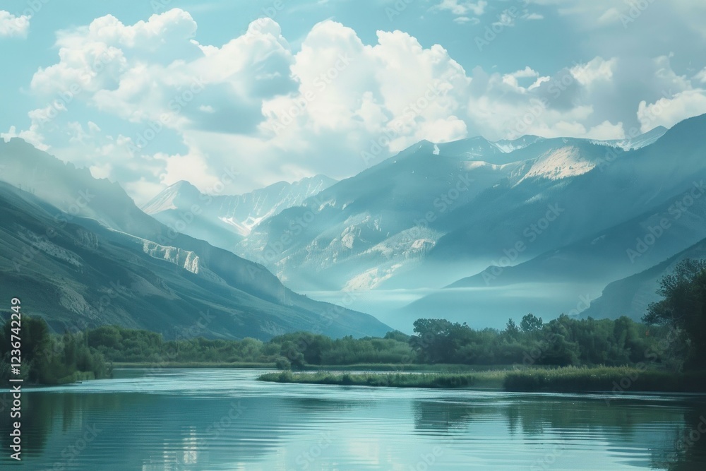 Stunning landscape featuring a tranquil lake mirroring a majestic mountain range, under a picturesque cloudy sky Stunning landscape featuring a tranquil lake mirroring a majestic mountain range, under a picturesque cloudy sky