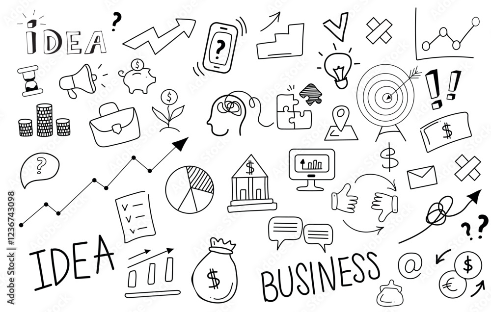 Naklejka premium Financial icons vector set. Money, business, finance and charts, infographics, money and goal, communication and success. Vector illustration. Isolated linear hand drawn doodles.