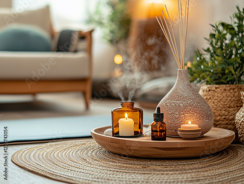 a minimal  tranquil meditation corner featuring a soft mat, cushions, and candles, surrounded by indoor plants to create a calming atmosphere.