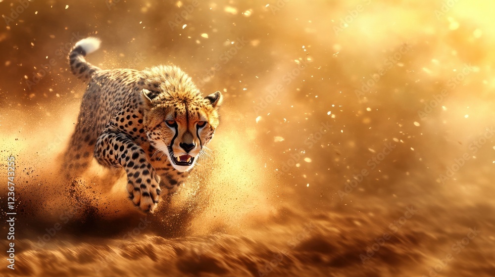 Obraz premium A cheetah chasing down its prey in the golden savannah, dust clouds kicking up