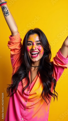 A joyful young teen woman celebrating Holi, covered in vibrant colors, radiating happiness and festive excitement. A perfect blend of tradition, joy, and cultural celebration.