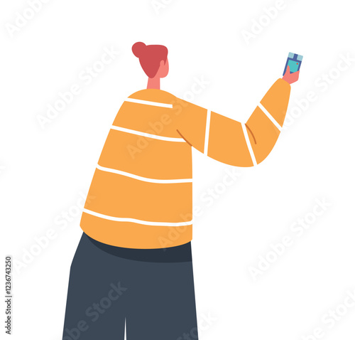 Journalist Female Character Stand With Dictaphone Rear View Isolated On White Background. Woman Interviewing on Briefing