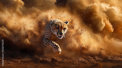 A cheetah chasing down its prey in the golden savannah, dust clouds kicking up